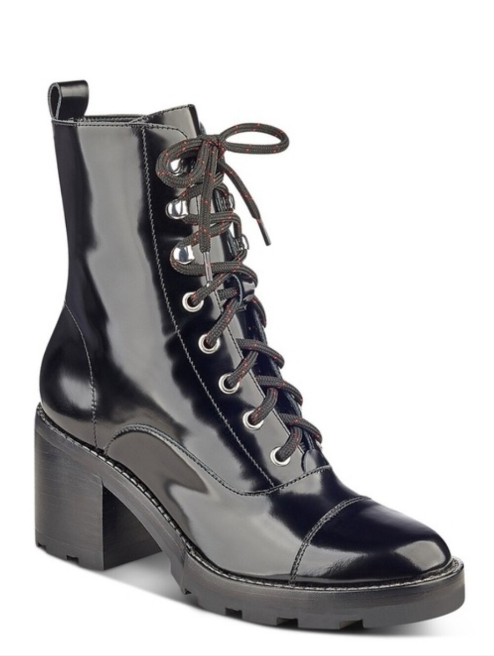 Marc Fisher Black Leather Lace-Up Combat Boots with Red Accent Laces Size 7.5
